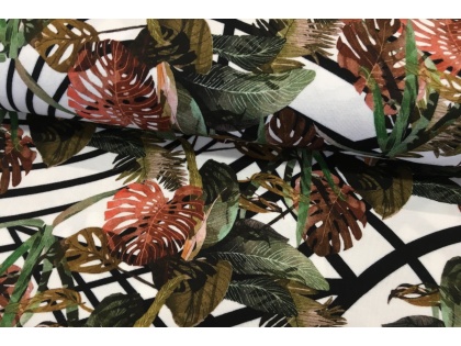 Tropiskā siena uz balta - viskozes trikotāža 1,2m pēdējais gabals