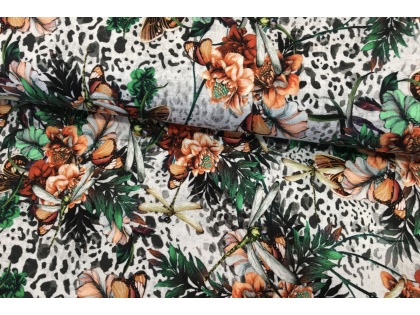 Oranžie ziedi un spāres - viskozes trikotāža