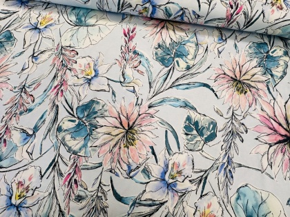 Ziedi uz gaiši zila - viskozes trikotāža