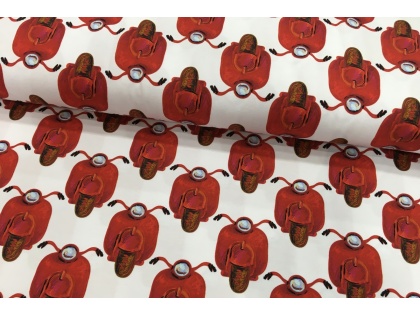 Sarkanas vespas uz balta - kokvilnas trikotāža 1.20m