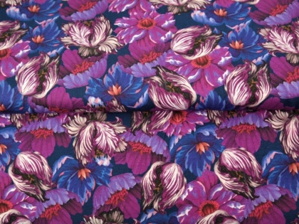 Violetie ziedi un tulpes – kokvilnas trikotāža