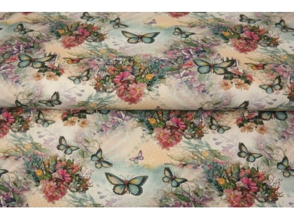 Grafiskie taureņi ziedos – kokvilnas trikotāža