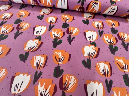 Lillā ziedi - kokvilnas trikotāža